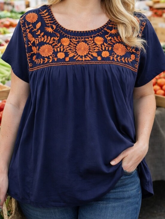 Layerz Clothing Tops - Embroidered Boho Blouse – Navy & Rust Floral (Size XL) NWOT